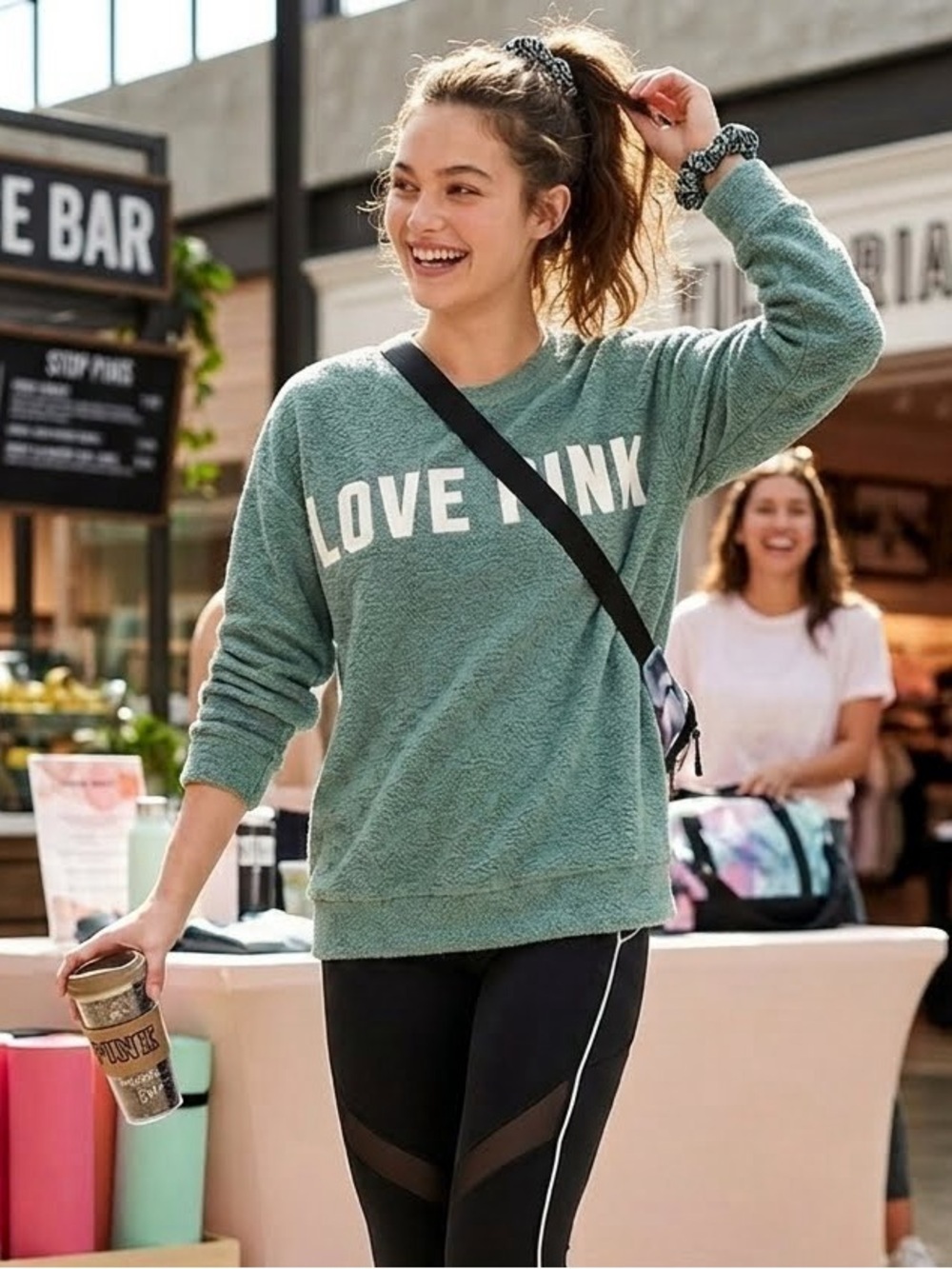 VS PINK Oversized LOVE PINK Graphic Crewneck Pullover Sweatshirt Light Teal LRG
